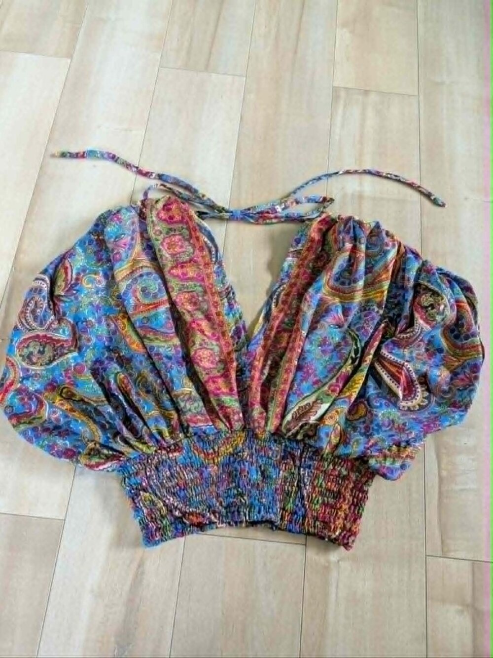 Jayli Boho Paisley Smocked Crop Top S/M Puff Sleeve Coquette Festival Blouse